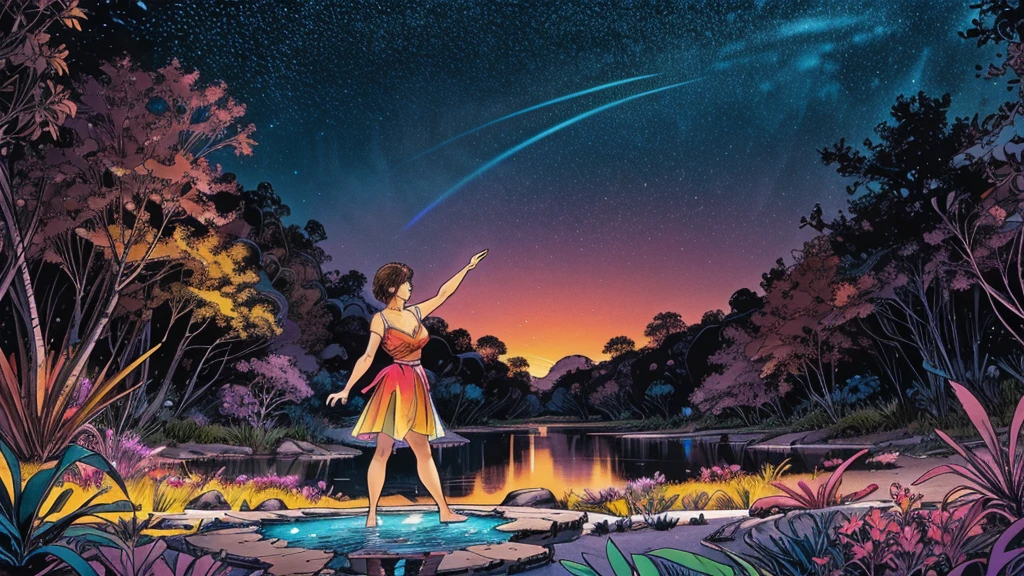 A photorealistic cute, slender aerobics instructor with very short brown hair, very short brown hair, very short brown hair, very short brown hair, brown eyes, and dimples, standing confidently in a fantastical landscape. She's wearing a flowing, elegant gown that complements her figure. The background features floating islands covered in bioluminescent plants, cascading waterfalls of rainbow colors, and giant crystalline structures that refract light. Vibrant colors include deep purples, electric blues, neon pinks, and shimmering golds. The lighting is ethereal, with a soft glow emanating from the plants and crystals. Broad strokes of bright, contrasting colors sweep across the sky, reminiscent of an abstract painting - vibrant oranges, lime greens, and vivid magentas create a striking contrast against the fantastical elements.