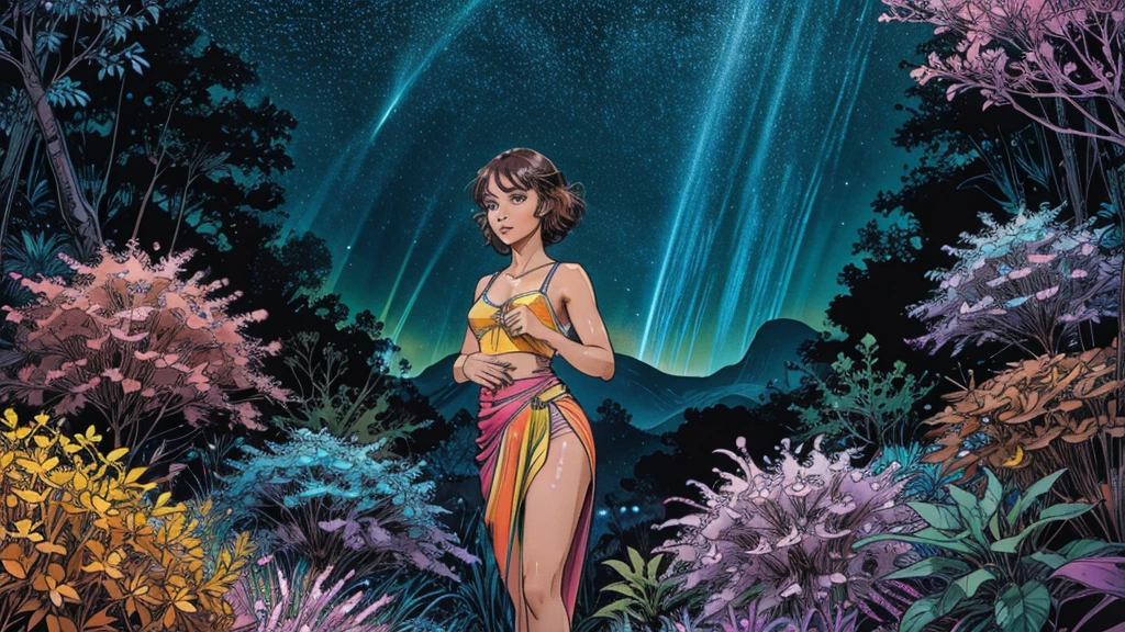 A photorealistic cute, slender aerobics instructor with very short brown hair, very short brown hair, very short brown hair, very short brown hair, brown eyes, and dimples, standing confidently in a fantastical landscape. She's wearing a flowing, elegant gown that complements her figure. The background features floating islands covered in bioluminescent plants, cascading waterfalls of rainbow colors, and giant crystalline structures that refract light. Vibrant colors include deep purples, electric blues, neon pinks, and shimmering golds. The lighting is ethereal, with a soft glow emanating from the plants and crystals. Broad strokes of bright, contrasting colors sweep across the sky, reminiscent of an abstract painting - vibrant oranges, lime greens, and vivid magentas create a striking contrast against the fantastical elements.