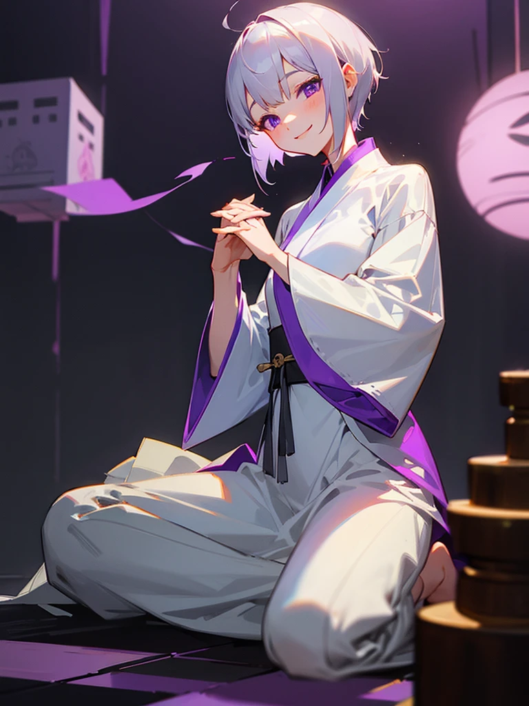 smiling purple eyes zazen silver short hair hands together girl cat white tunic