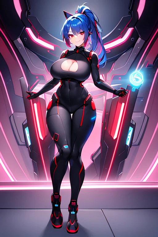 1girl, red eyes, blue hair, short hair, ponytail, large breasts, hourglass figure, bodysuit, black bodysuit, neon, neon trim, machinery, tech, science-fiction, futuristic, smile, standing, full body, ((full body)), ((long ponytail)), arms down, hands down, robot girl