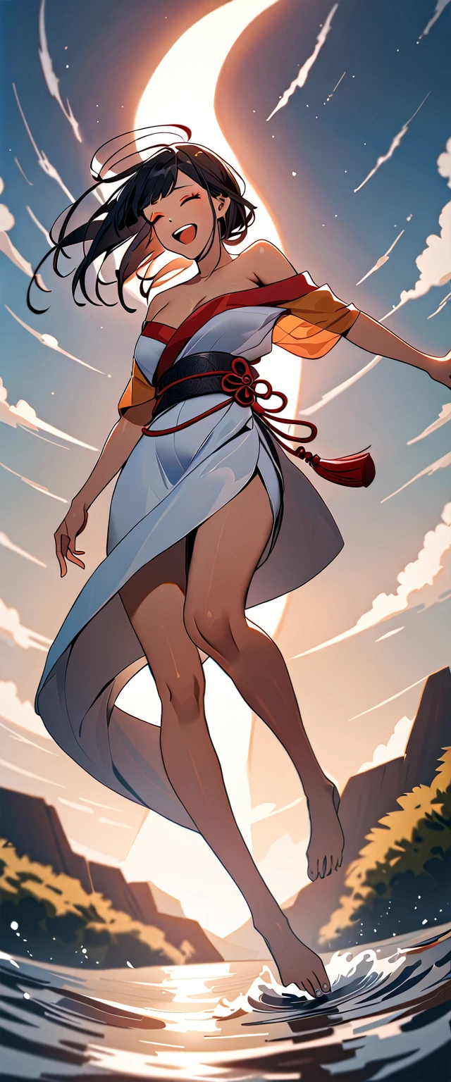 A photo of Izanami no Mikoto with natural skin, Japanese Gods, laughing, Black hair with red mesh, Sharp eyes with blue eyeshadow, A thin, upturned nose, Well-shaped lips, White off-the-shoulder dress, barefoot, White clothes, Clothing of ancient Japan, Makeup, Exquisitely crafted with the utmost attention to detail, Vibrant, amazing, Smooth, Cinematic, 4K, Backlight, ((Flying in the sky)), Shallow depth of field.