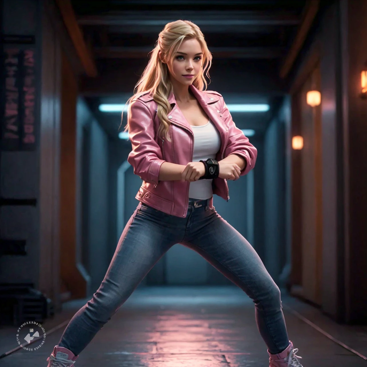 A cinematic style portrait of a blonde young woman with long hair in a pink leather jacket, white tank top, tight blue jeans, and white sneakers; city park; partly cloudy; black wrist communicator; photo-realistic; 4k; 100mm; martial arts; technique, smile