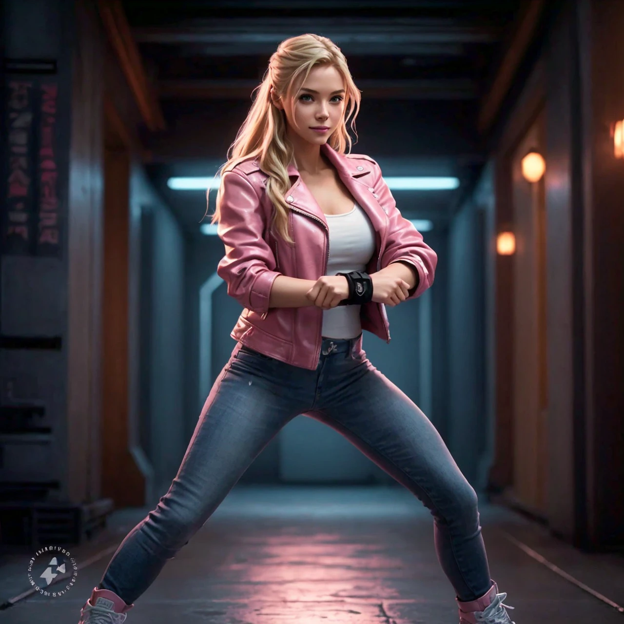 A cinematic style portrait of a blonde young woman with long hair in a pink leather jacket, white tank top, tight blue jeans, and white sneakers; city park; partly cloudy; black wrist communicator; photo-realistic; 4k; 100mm; martial arts; technique, smile