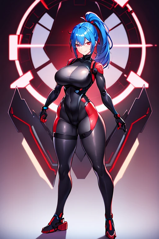 1girl, red eyes, blue hair, short hair, ponytail, large breasts, hourglass figure, bodysuit, black bodysuit, neon, neon trim, machinery, tech, science-fiction, futuristic, smile, standing, full body, ((full body)), ((long ponytail)), arms down, hands down, robot girl, pantyhose, bñack pantyhose