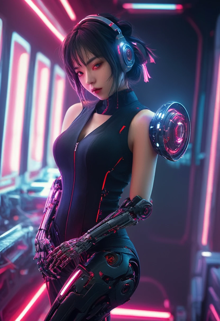 xxmixgirl. Highly detailed professional 35mm film, bokeh, face in sharp focus. A robotic female, Miku, with ((metal skin)), ((perfect Asian eyes)) with magenta irises and ((black pupils)), beautiful serious (detailed face), 18 year old ((photorealistic face)), very long magenta twin tails of magenta hair, twin black hair ties with a single red stripe. She may have a black audio headpiece. We can see her ((full body)) down to her boot soles. Her outfit is a sleeveless collared light grey shirt, outlined in red around the frilled collar and hems. Shiny reflective ((metallic breast cups, dimpleless)), invisible nipples. She wears black sleeves with red hems that start around her upper arm and bellow out as the sleeves open and extend to her wrists, with wide trumpet red rimmed cuffs. She has perfect robotic (detailed hands). She wears a red colored tie with two horizontal solid parallel black lines halfway across. She wears a fabric black skirt with a horizontal red hem at the bottom all the way around; her (((black skirt wraps around her))) and ((her skirt completely covers)) her robotic waist and thighs. Tall black boots with red bottom soles, a red rim around the top at her thighs. Her mechanical shoulder joints are visible. We can see her robotic legs and robotic neck. Half of her is covered with shiny polished machinery. The background is a distant dark neon futuristic Japanese city, gold, cyan, violet neon, near harbor or mountains.