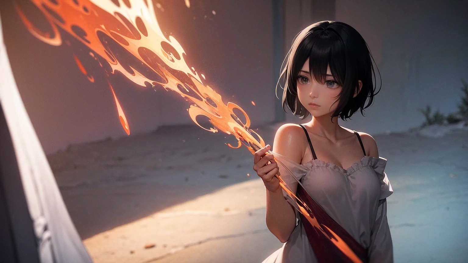Create a cartoon-style illustration inspired by these lyrics. The scene symbolizes the wounds of the past and the hope for the future. In the foreground is a young woman who continues to move forward in the face of challenges. She looks determined, courageous and hopeful.

The young woman has short black hair and a scarred body. She is dressed in dark shades and holds a red flame in her hand, symbolizing her burning passion. Her eyes are focused on the future and show a strong will.

In the background is the difficult path she has taken. There are various obstacles in his path, and scars from the past are visible. However, there is a glimmer of hope shining ahead of her, and countless stars twinkle in the night sky.

The sky is filled with dark clouds, but the light that shines through them illuminates his path. Behind her, a shadow is depicted as a symbol of loneliness and despair, but the shadow is cut by his determination.

The overall mood should convey the strength to overcome the pain of the past and move forward with hope for the future. The illustration symbolizes the determination to overcome any difficulties and move forward into the future.

Translated with DeepL.com (free version)