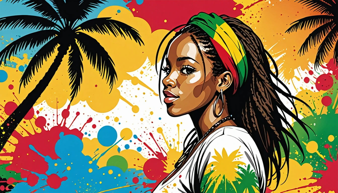 Vector art, Lots of Jamaican Reggae, Authentic Jamaican reggae music atmosphere,Color illustrations, in the center, Vibrant colors, Paint splatters and stains, High detail,
Palm tree