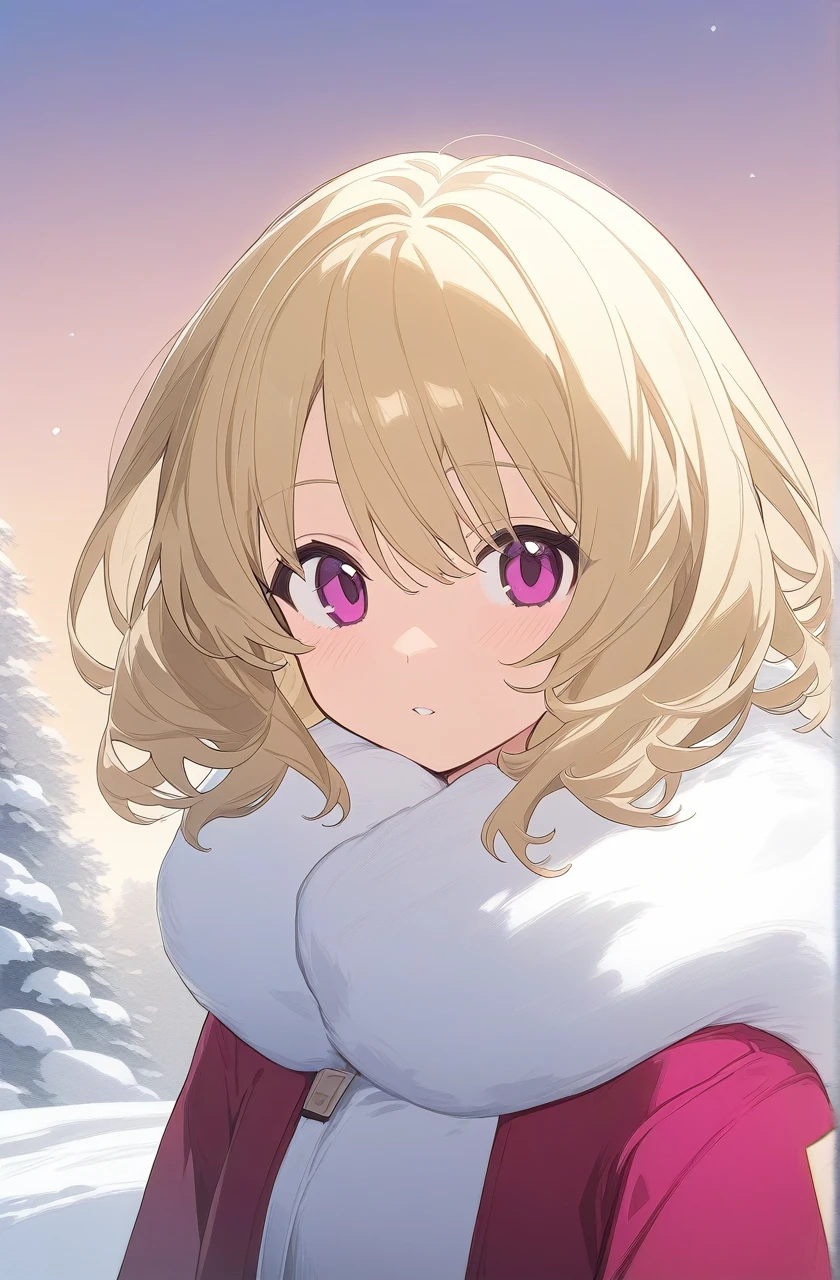 Warm winter clothes, best quality,1girl,Long blonde hair, Magenta eyes,looking at viewer,half body, under the clear day sky,high resolution illustration,A full art illustration in a flat anime style An upper body portrait of this unique character, White fur clothing
