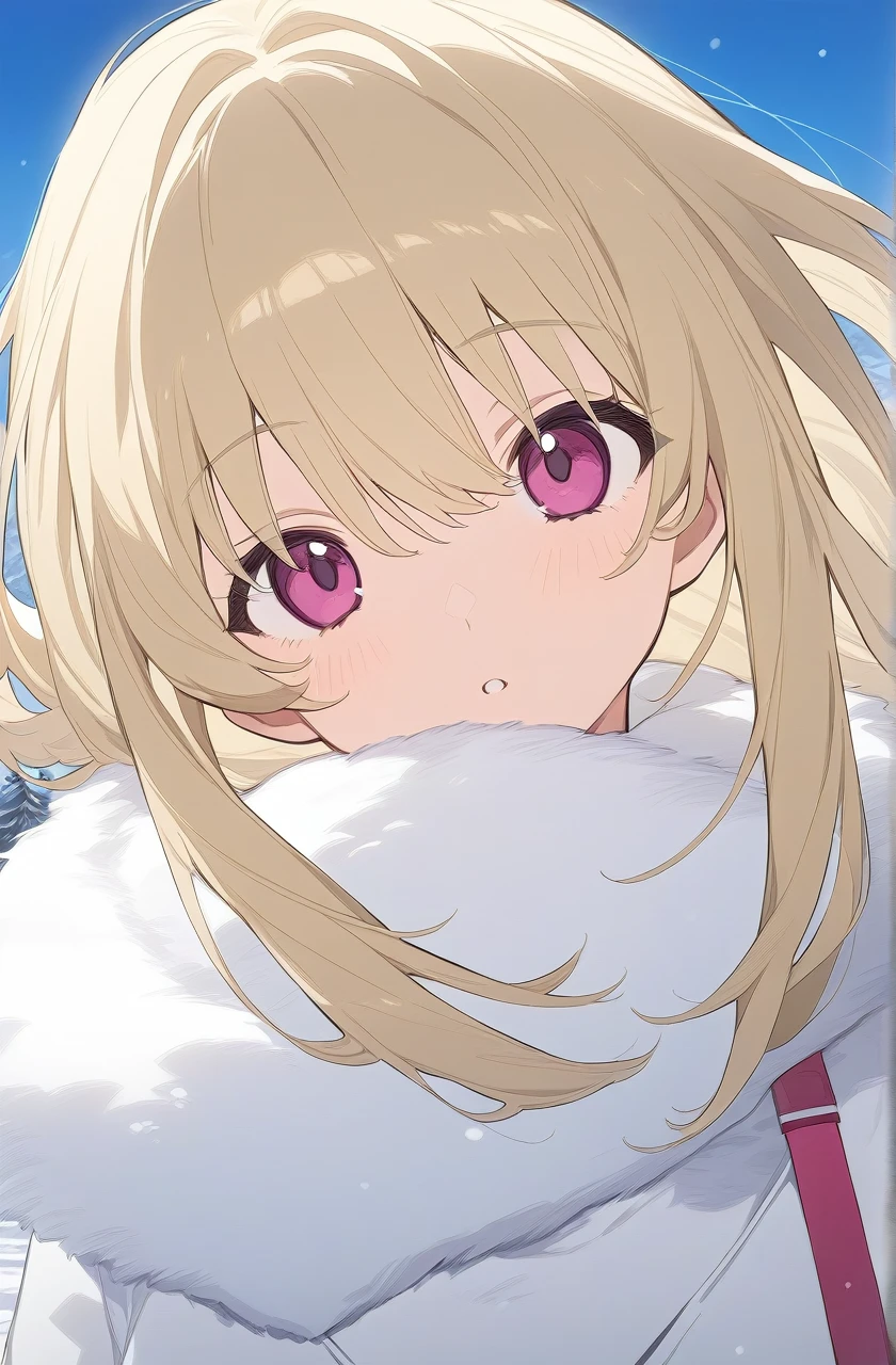 Warm winter clothes, best quality,1girl,Long blonde hair, Magenta eyes,looking at viewer,half body, under the clear day sky,high resolution illustration,A full art illustration in a flat anime style An upper body portrait of this unique character, White fur clothing