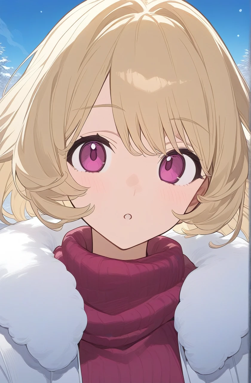 Warm winter clothes, best quality,1girl,Long blonde hair, Magenta eyes,looking at viewer,half body, under the clear day sky,high resolution illustration,A full art illustration in a flat anime style An upper body portrait of this unique character, White fur clothing