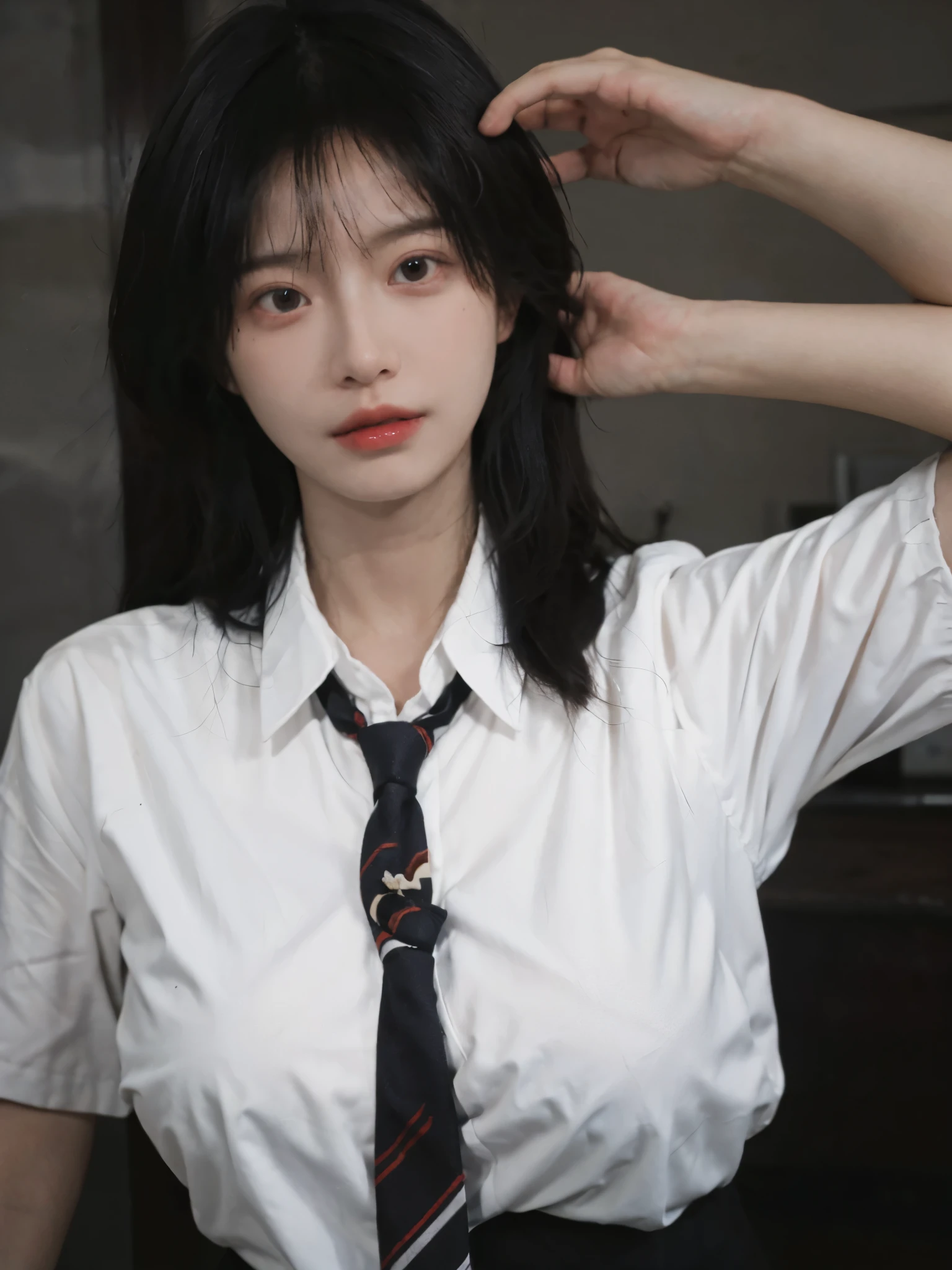 Best quality,masterpiece,ultra high res,(photorealistic:1.4),1girl,sexy,(shirt and tie:1.2),(large breast:1.3),(upper body:1.4)