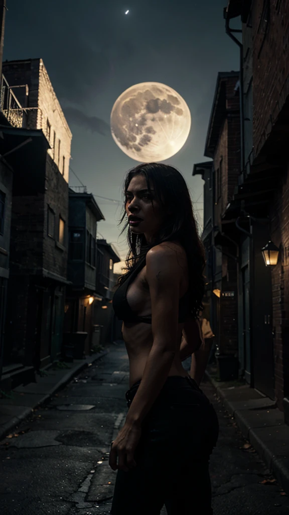 A , salivating werewolf in a dark and gloomy alley , A bright, full moon in the sky