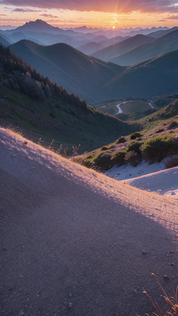 Beautiful scenery in the mountains, with orange and purple clouds at sunset, mesmerizing and magical.