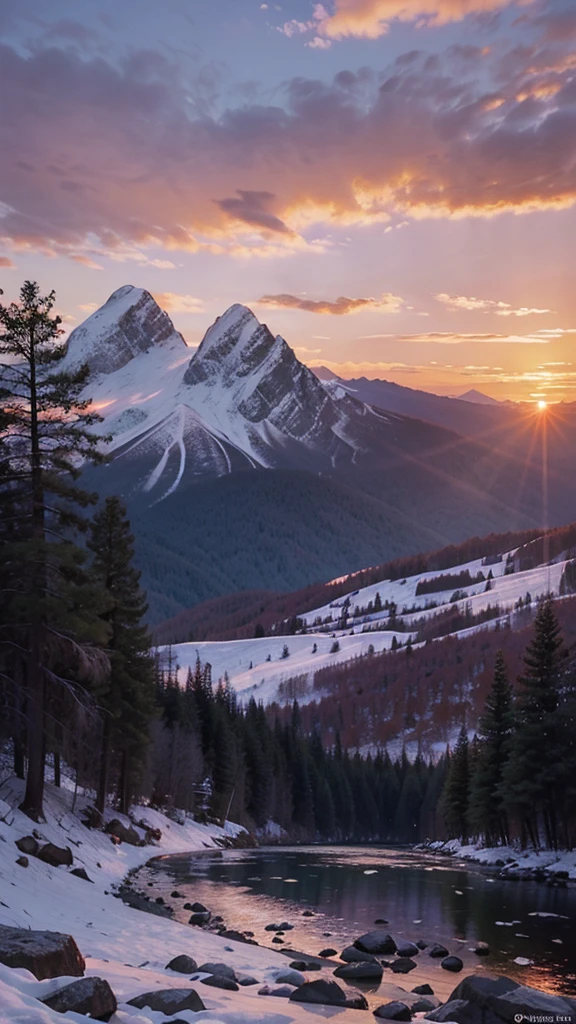 Beautiful scenery in the mountains, with orange and purple clouds at sunset, mesmerizing and magical.