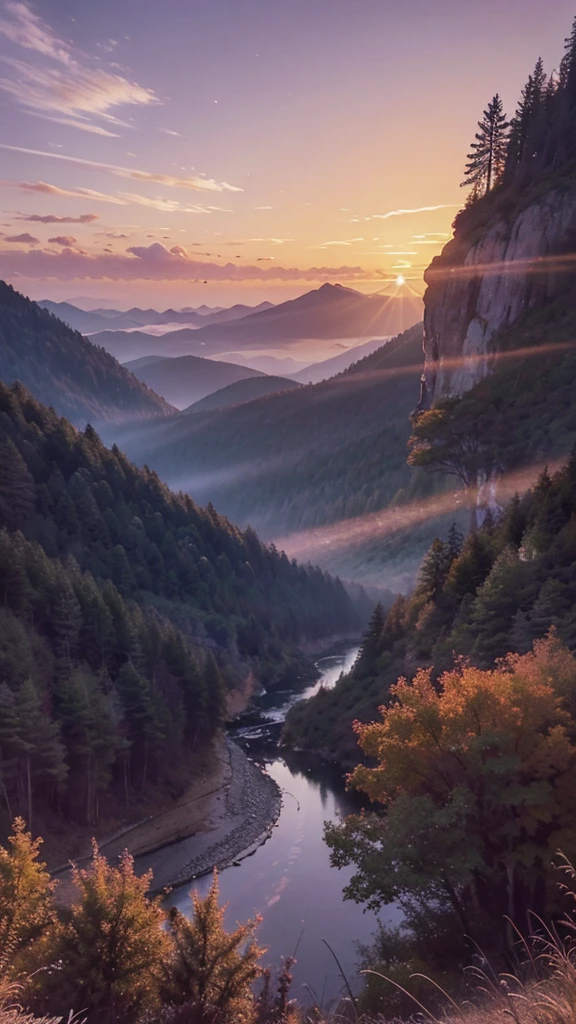 Beautiful scenery in the mountains, with orange and purple clouds at sunset, mesmerizing and magical.