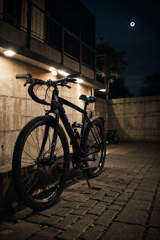 best qualityer, black bicycle on the ground, bicycle with front shock absorber, black bike, bicycle on the ground, the night