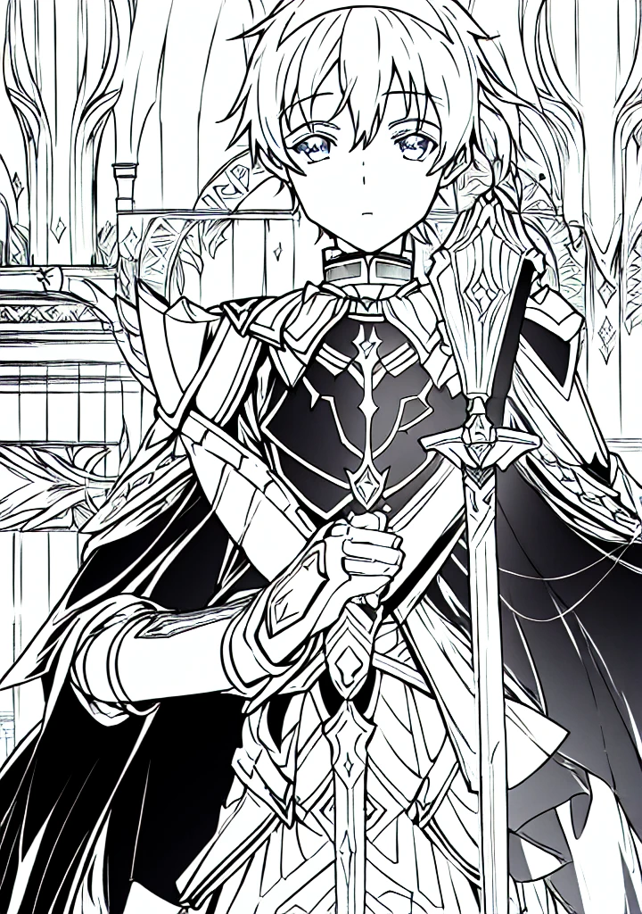 wearing shining armor, masterpiece, 4k, eugeo (sword art online), 1 boy, knight, black and white, lineart, manga, sketch art, looking at viewer, flat 2d image, no color