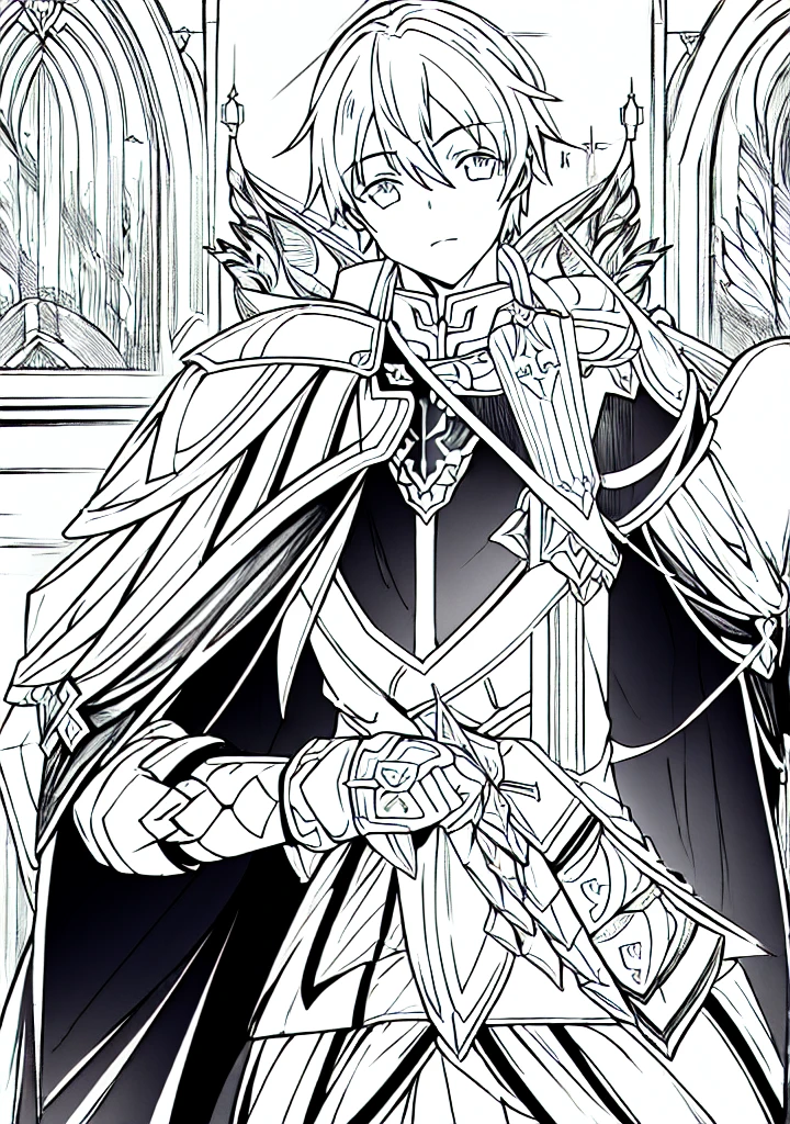 wearing shining armor, masterpiece, 4k, eugeo (sword art online), 1 boy, knight, black and white, lineart, manga, sketch art, looking at viewer, flat 2d image, no color