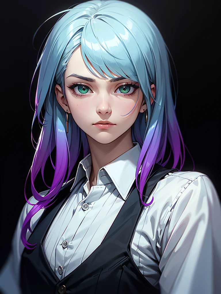 ((Portrait Photo)), He has a Gentle and Relaxed Appearance, with a Slender Build and a Youthful Charm. He Expresses a Indifferent and Calm Look, Giving Off a Unyielding Face and Serene Attitude. He has Light Green Eyes, and His Hair is Short and Black Gradient Purple, with Messy Bangs. He Wears a White Shirt with Rolled-Up Sleeves, Paired with a Black Vest. ((Portrait Photo, HDR, Dark Background))
