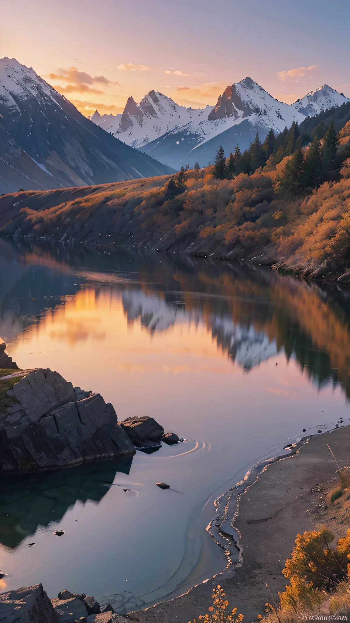 Beautiful scenery in the mountains, with orange and purple clouds at sunset, mesmerizing and magical.