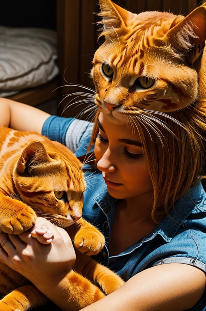 A girl stroking an orange cat