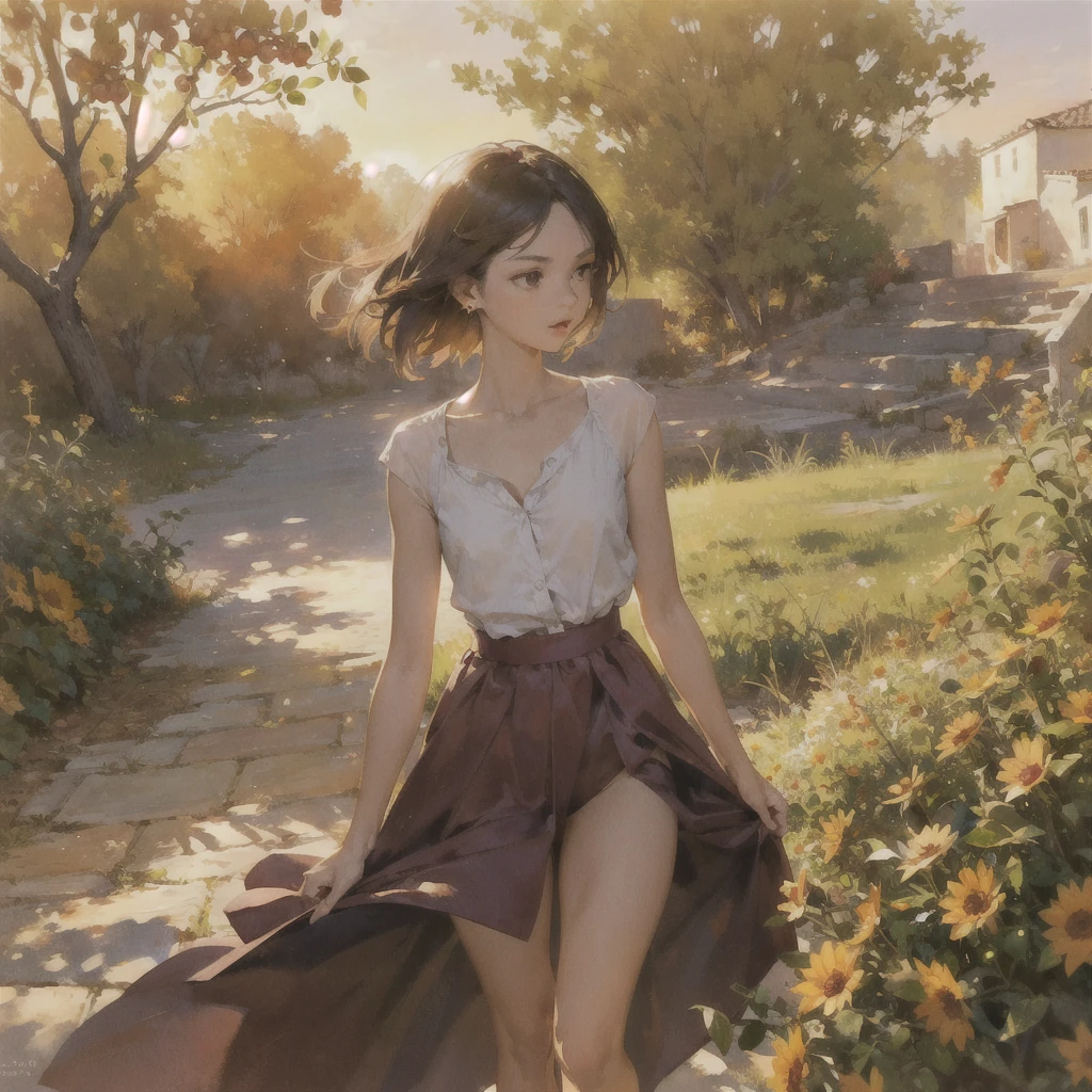 Exquisite, slender, delicate girl of 16 years old with a perfect gentle face of the southern type (with short dark burgundy hair) with freckles (with ruby earring) in the rays of the rising sun, naked with tender bare breasts with pink swollen nipples ((barefoot)) ((in an unbuttoned open burgundy shirt over a naked body and in small burgundy panties)) (on the veranda in the garden) Drinks ((coffee)) and looks at the flowers, in watercolor style, discreet light shades, Flares, (imitation of film photography), against the sun, a lot of sun glare, light fills the frame, olive and grape groves, strong wind, Brick Road, high image quality, Maximum detail, sunset lighting, Warm evening shades, (warm golden and olive sunset light), big space eyes, olive and grape groves, Brick Road, (чашки с coffee и coffeeйники)