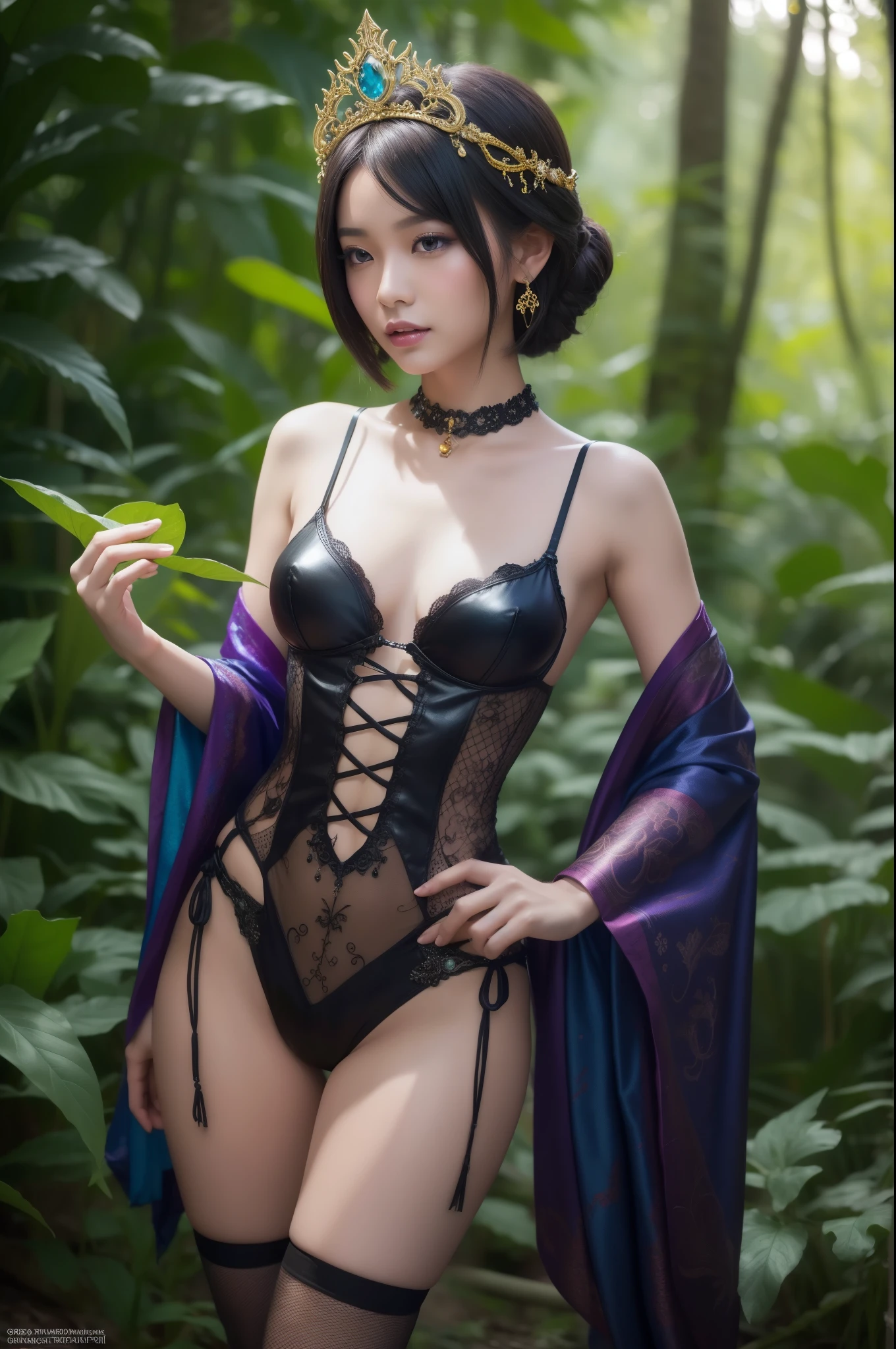 a sexy Thai model with colorful short hair, shiny sparkling dark magic forest background, sparkling poisoned enchanted flower costume, fishnet tights, skull hair accessories, controls poison, secret poison, (best quality,4k,8k,highres,masterpiece:1.2),ultra-detailed,(realistic,photorealistic,photo-realistic:1.37),vibrant colors,dramatic lighting,cinematic,hyper detailed,intricate details,fantasy art,digital painting