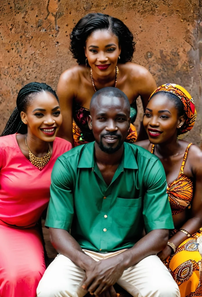 an African man sitting surrounded by 4 African women