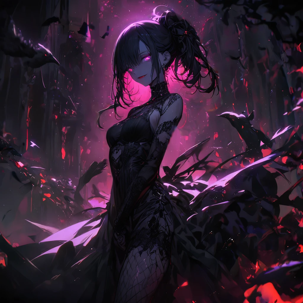 (dark atmospher,Gothic fashion,bright colorsbest quality,Super exquisite,),Sexy goth vampire girl,In the rose garden at night,beautiful and delicate eyes,Straight black ponytail with blue tips,crow feathers,red lipgloss stick,mysterious smile,very pale,Fishnet stockings,Black lace dress,Aura booty pointed toe,The moonlight illuminates your elegant silhouette,Soft shadows and soft highlights,Contrasting colors create a vibrant atmosphere,dark, moody color palette,Subtle lighting effects, but dramatic,Sublime darkness intertwined with exquisite moonlight, She is tall and mature