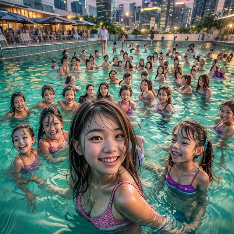 Extremely Detailed (18yo girls crowded together:1.37), (Oodles of girls in background), Smiling, White(Skinny(School swimwear:1.28)), Floating in the pool on (rooftop of Marina Bay Sands at Dusk), (32K best quality masterpiece:1.25) ((Photorealsitic:1.37)) Baby Face, every girls wetted
