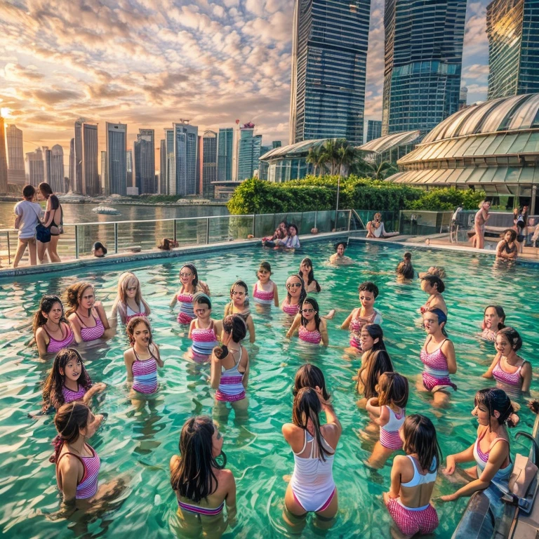 Extremely Detailed (18yo girls crowded together:1.37), (Oodles of girls in background), Smiling, White(Skinny(School swimwear:1.28)), Floating in the pool on (rooftop of Marina Bay Sands at Dusk), (32K best quality masterpiece:1.25) ((Photorealsitic:1.37)) Baby Face, every girls wetted