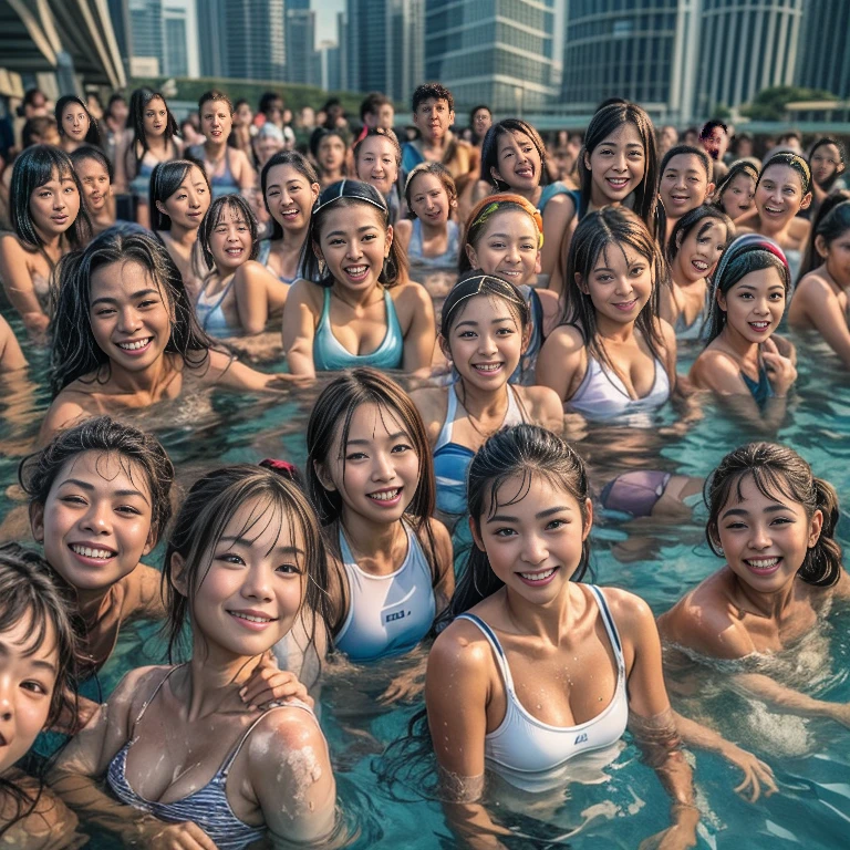 Extremely Detailed (18yo girls crowded together:1.37), (Oodles of girls in background), Smiling, White(Skinny(School swimwear:1.28)), Floating in the pool on (rooftop of Marina Bay Sands at Dusk), (32K best quality masterpiece:1.25) ((Photorealsitic:1.37)) Baby Face, every girls wetted