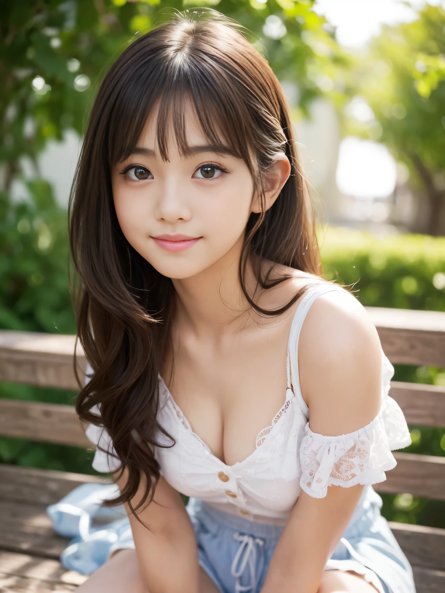 (Best-quality, Masterpiece, Ultra-High-Resolution, (Photorealistic:1.4), Raw Photo, depth of field, professional lighting, perfect anatomy, extremely details), 1girl, 15-years-old, the most famous Japanese idol, wearing summer-clothes with cute-design, cowboy-shot, looking at viewer, innocent-smile, (extremely cute face, (extremely cute and extremely big eyes), extremely beautiful hair, (extremely beautiful skins), extremely cute long-eyelashes, extremely cute lips, extremely cute thighs)