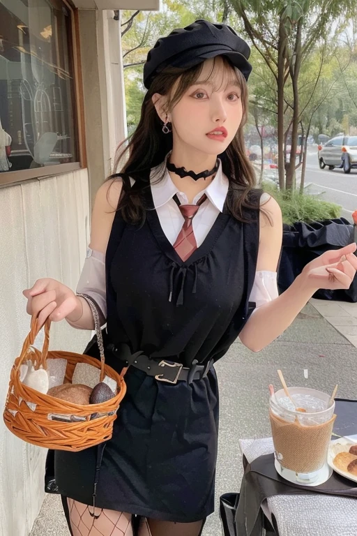(perky chest:1.2), (pointed chest:1.2),(Pudding cake magazine cover:1.3),(from below:1.2),(shoot from the side:1.1),(((Black Tunic:1.3))),(((cakes and bread in the basket),a 23yo Cute and beautiful girl,masterpiece、highest quality、Very detailed、Beautiful fine details、Detailed landscape、Braided Ponytail、Red camisole、((B cup breasts, Tank top showing underboob:1.0)), thigh strap, bangs, necktie, earrings, nail polish, fishnet pantyhose, silver hair, looking at viewer, full body, bottle, own hands together, belt, food, ring, choker, english text paper:1.2, collared shirt, blue eyes, hat,lace-up boots ,