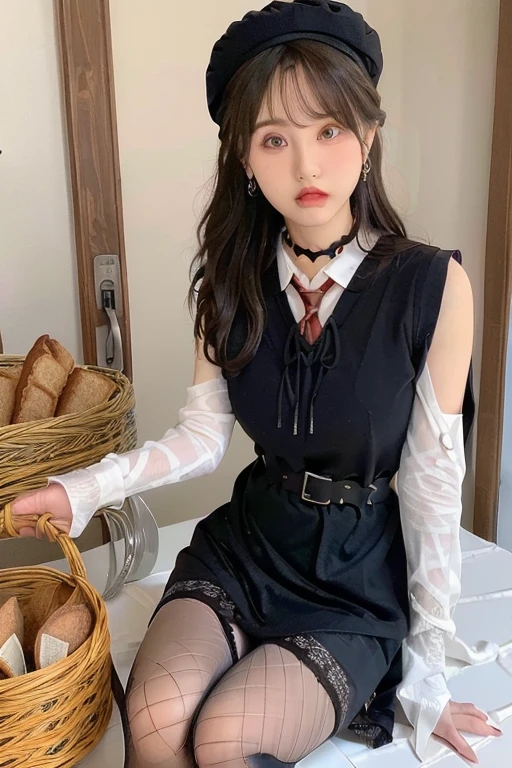 (perky chest:1.2), (pointed chest:1.2),(Pudding cake magazine cover:1.3),(from below:1.2),(shoot from the side:1.1),(((Black Tunic:1.3))),(((cakes and bread in the basket),a 23yo Cute and beautiful girl,masterpiece、highest quality、Very detailed、Beautiful fine details、Detailed landscape、Braided Ponytail、Red camisole、((B cup breasts, Tank top showing underboob:1.0)), thigh strap, bangs, necktie, earrings, nail polish, fishnet pantyhose, silver hair, looking at viewer, full body, bottle, own hands together, belt, food, ring, choker, english text paper:1.2, collared shirt, blue eyes, hat,lace-up boots ,