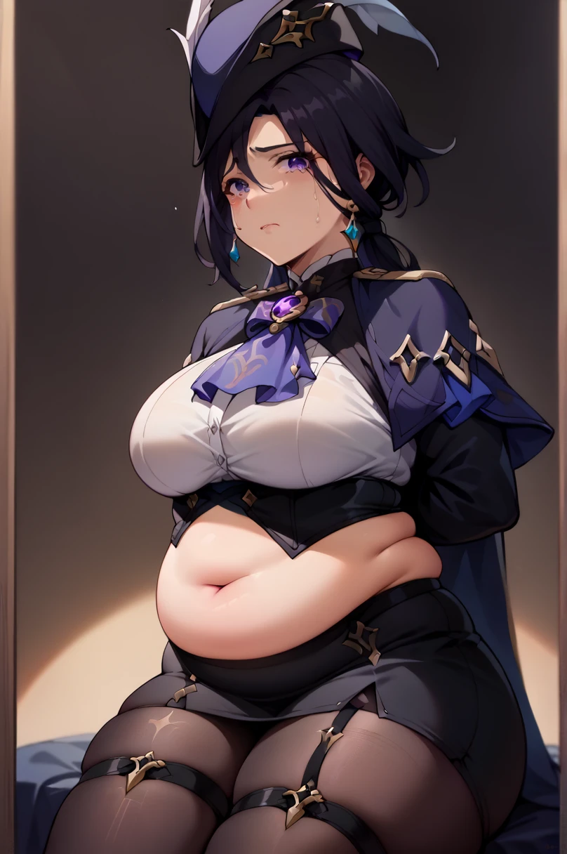 score_9, score_8_up, score_7_up, source anime, 1girl, clorinde \(genshin impact\), tricorne, black pantyhose, earrings, blue cape, white gloves, pencil skirt, white shirt, thigh strap, underbust, ascot, black jacket, depth of field, cowboy shot, sad, crying, looking at viewer, (chubby), chubby belly, fat rolls, belly hang, bondage, tied up, restrained, restricted, tied, harness, rope, arms behind back, hands behind back, sad, crying, looking at viewer, (chubby), chubby belly, fat rolls, belly hang, holding her belly, sitting in a chair