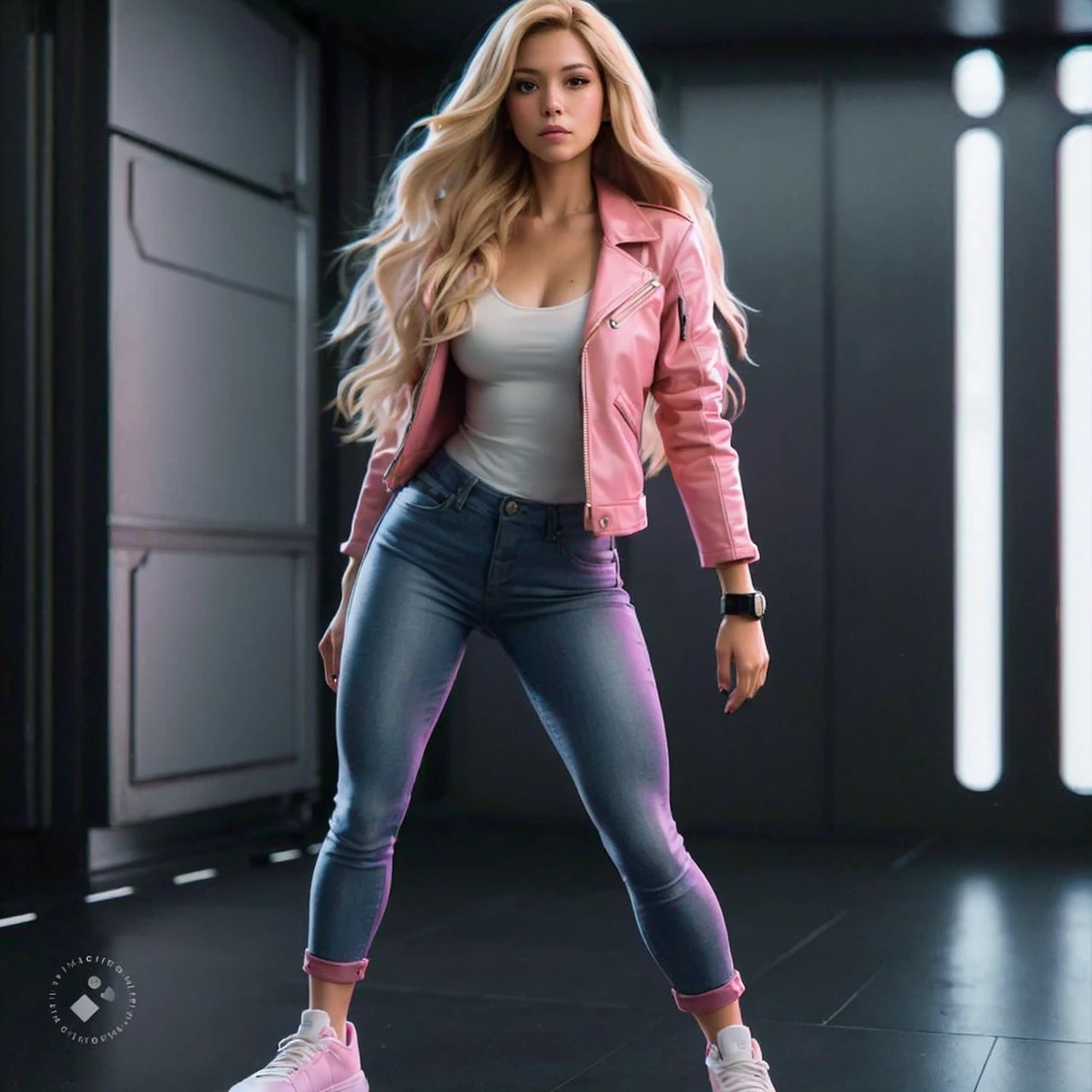 A cinematic style portrait of a blonde young woman with long hair in a pink leather jacket, white tank top, tight blue jeans, and white sneakers; city park; partly cloudy; black wrist communicator; photo-realistic; 4k; 100mm; martial arts; technique, smile