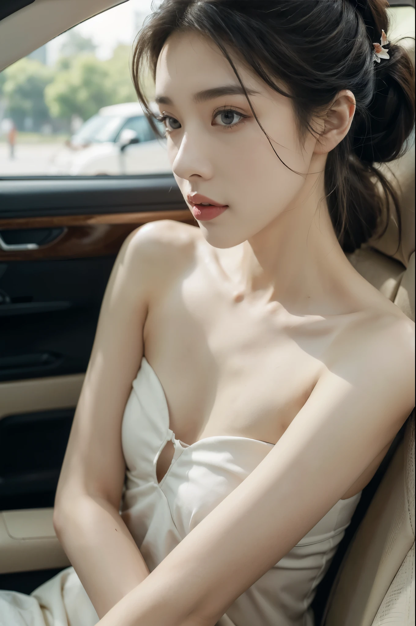 (((best quality))),(((ultra detailed))),(((masterpiece))),illustration,((1 beautiful girl,female driver,solo)),((sitting on the seat)),((in the car)),((slim,thin)),((small breasts,flat chest)),parked,roadside,vibrant,(strapless floral sheer bra:1.3),graceful,(short ponytail:1.2),delicate,features,eyes,focused,ahead,calm,concentration,classic,convertible,evening,breeze,caress,adjusted,,frame,confident,steering,wheel,delicate,hands,maneuver,control,world,setting,sun,warm,glow,illuminate,sky,canvas,match,road,stretch,explore,possibilities,background,town,life,evening,shops,opening,doors,people,strolling,cool,air,atmosphere,peaceful,serene,contrast,chaos,city,independence,societal,norms,constraints,destiny,embrace,challenges,symbol,strength,resilience,spirit,summer,((from front,close-up of face))