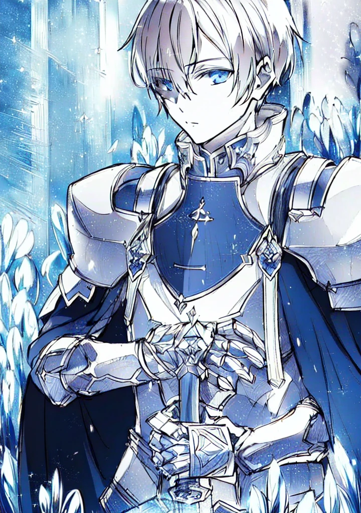 wearing shining armor, masterpiece, 4k, eugeo (sword art online), 1 boy, knight, black and white, lineart, manga, sketch art, looking at viewer, flat 2d image, no color