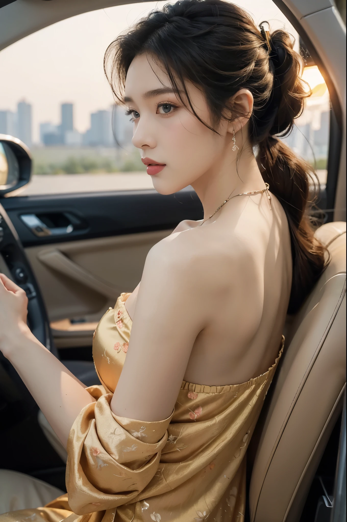 (((best quality))),(((ultra detailed))),(((masterpiece))),illustration,((1 beautiful girl,female driver,solo)),((sitting on the seat)),((in the car)),((slim,thin)),((shoulder off,strapless,bare back,towering hips,butt crack)),parked,roadside,vibrant,(floral sheer pajama dress:1.3),graceful,(short ponytail:1.2),delicate,features,eyes,focused,ahead,calm,concentration,classic,convertible,evening,breeze,caress,adjusted,,frame,confident,steering,wheel,delicate,hands,maneuver,control,world,setting,sun,warm,glow,illuminate,sky,canvas,match,road,stretch,explore,possibilities,background,town,life,evening,shops,opening,doors,people,strolling,cool,air,atmosphere,peaceful,serene,contrast,chaos,city,independence,societal,norms,constraints,destiny,embrace,challenges,symbol,strength,resilience,spirit,summer,((from back,upper body))