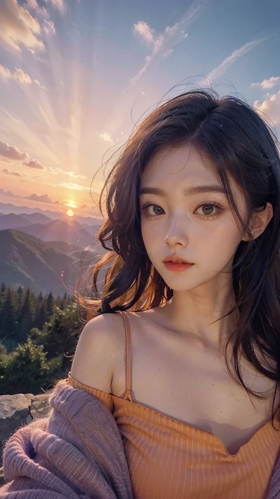 Beautiful scenery in the mountains, with orange and purple clouds at sunset, mesmerizing and magical, 1 girl.