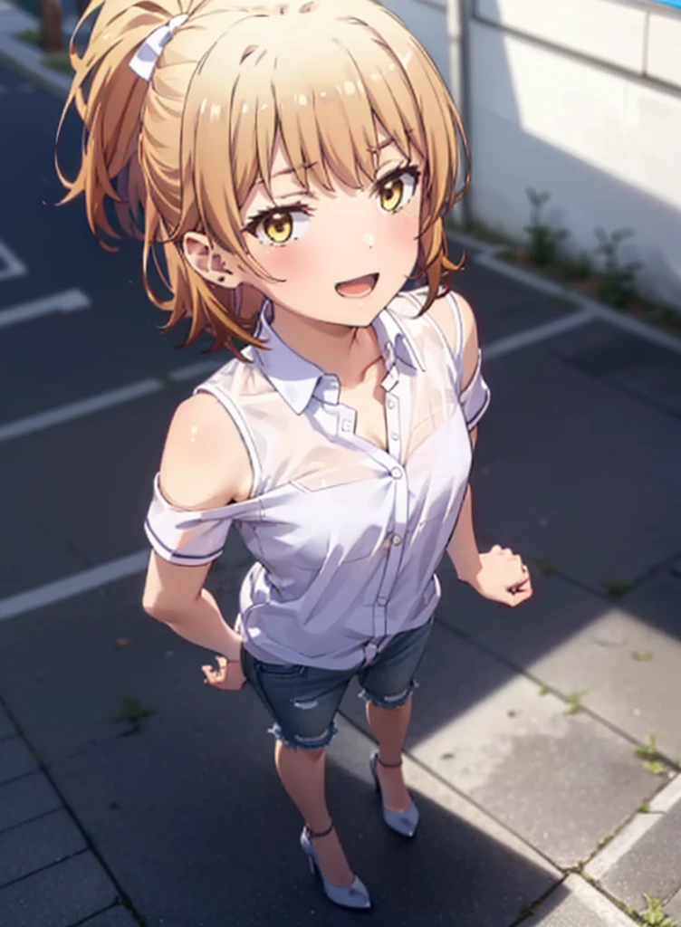 Irohaisshiki, isshiki iroha, Short Hair, Brown Hair, (Brown eyes:1.5), blush,ponytail,Squint both eyes,blush,
happy smile, smile, Open your mouth,Cold Shoulder Shirt,Short sleeve skinny jeans,Stiletto heels,Daytime,Clear skies,Are standing,Put your right hand on your hip,whole bodyがイラストに入るように,Looking up from bottom to top,
break outdoors, School,courtyard,
break looking at viewer,whole body,
break (masterpiece:1.2), Highest quality, High resolution, unity 8k wallpaper, (figure:0.8), (Beautiful attention to detail:1.6), Highly detailed face, Perfect lighting, Highly detailed CG, (Perfect hands, Perfect Anatomy),