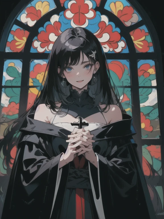 ((highest quallity)),Detailed Description,gorgeous face, blue left eye, red right eye, slickedback hair, hypdertailed, hair down to the shoulders, Gothic, caucasiano,renaissance church window background,black robe,Beautiful young man,Detailed facial representation,black monk clothes, hands crossed, crucifix in one hand