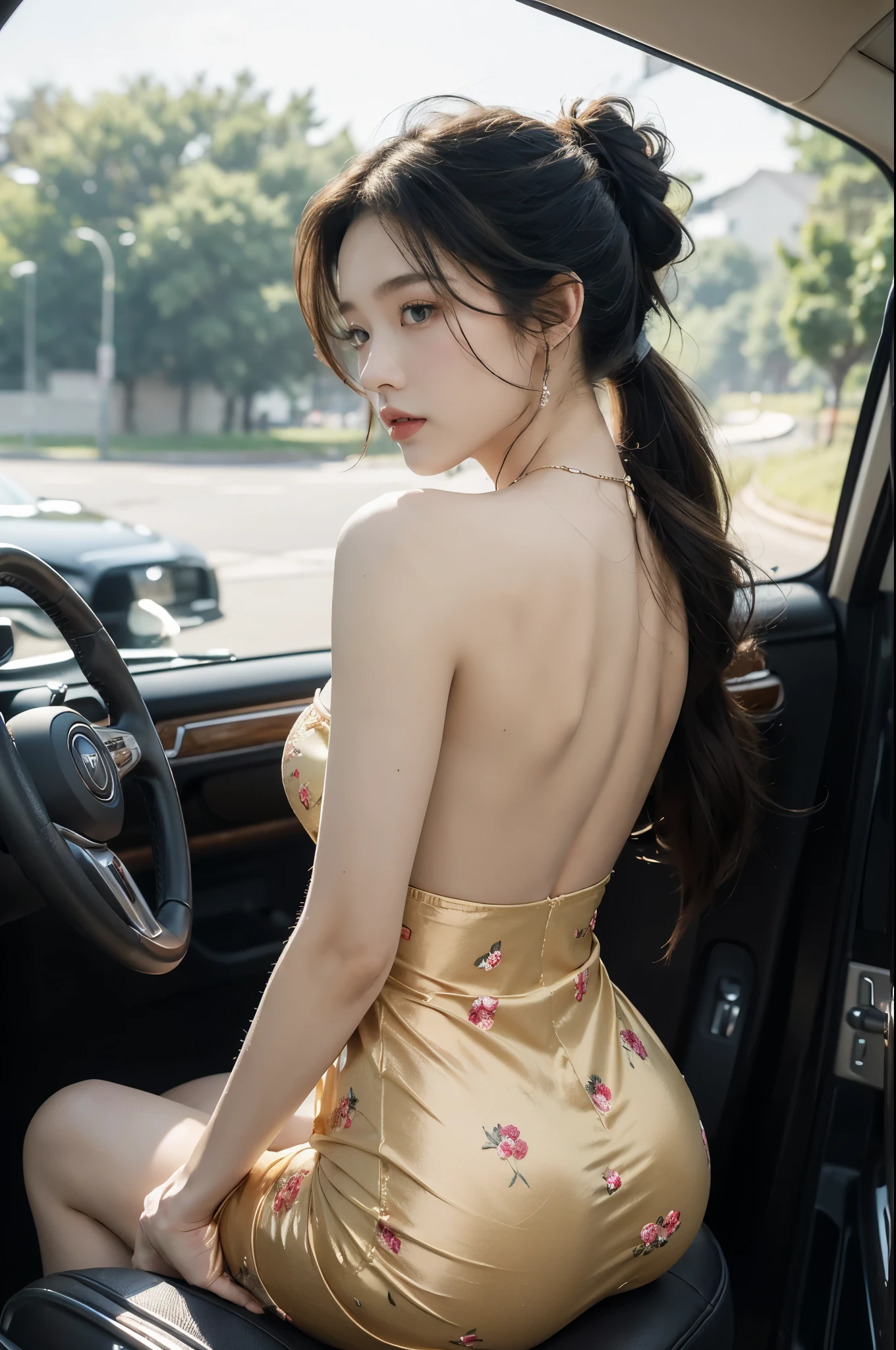 (((best quality))),(((ultra detailed))),(((masterpiece))),illustration,((1 beautiful girl,female driver,solo)),((sitting on the seat)),((in the car)),((slim,thin)),((shoulder off,strapless,bare back,towering hips,butt crack)),parked,roadside,vibrant,(floral sheer pajama dress:1.3),graceful,(short ponytail:1.2),delicate,features,eyes,focused,ahead,calm,concentration,classic,convertible,evening,breeze,caress,adjusted,,frame,confident,steering,wheel,delicate,hands,maneuver,control,world,setting,sun,warm,glow,illuminate,sky,canvas,match,road,stretch,explore,possibilities,background,town,life,evening,shops,opening,doors,people,strolling,cool,air,atmosphere,peaceful,serene,contrast,chaos,city,independence,societal,norms,constraints,destiny,embrace,challenges,symbol,strength,resilience,spirit,summer,((from back,upper body))