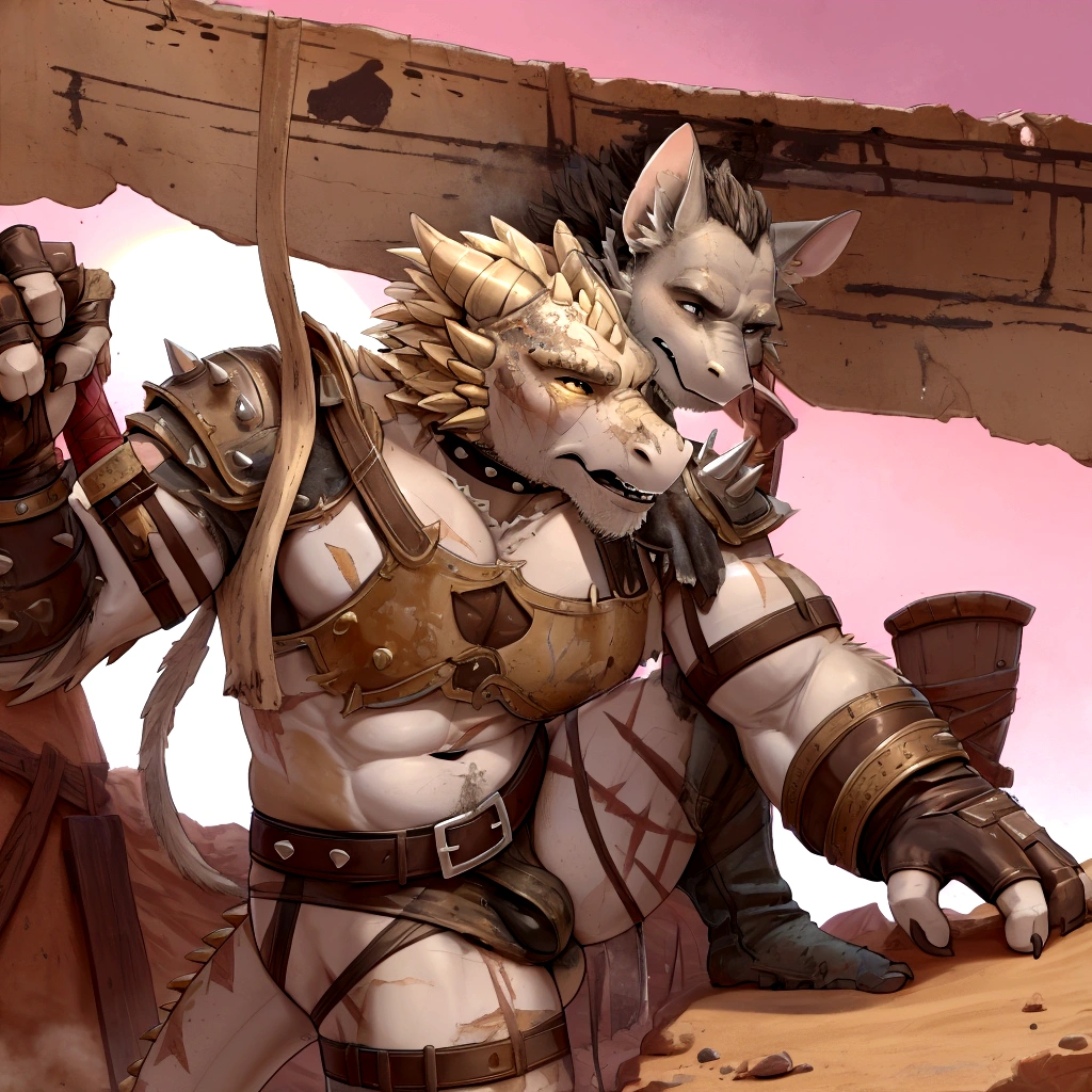 Solo Sexy young anthro scalie dragon male mercenary medieval solider, slim endomorph muscular, anthro handsome gay shorter muzzle, handsome gay model male apperance, sword scars, worn out leather skimpy armament, low on hips heavy leather belt, old very worn out skimpy dirty linen material jockstrap, old yellow dirty worn out stains on white sawn jockstrap, very visible "x" brown seam pattern on the jockstrap, studded skimpy armlets breastplate armor, skimpy breastplate, leather bondages, fingerless leather gloves, smelly unwashed husk, dirty body look, desert battlefield, standing in sexy fighting position, close view of full character