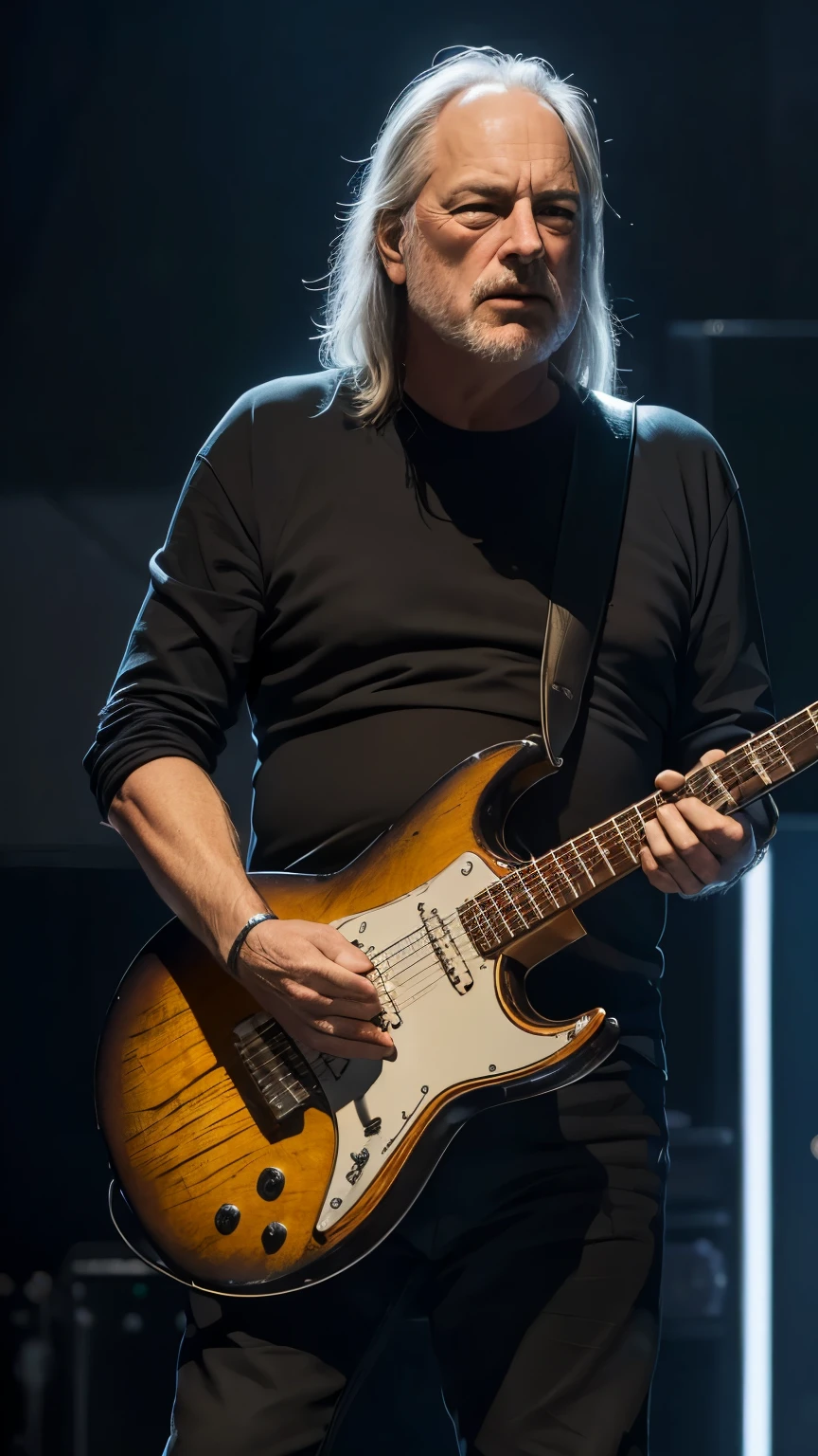 CRIAR DAVID GILMOUR GUITARRIST,ON STAGE PLAYING ELETRIC GUITAR,8K, REALISTA,UHD, FULL BODY ON SATEGE
