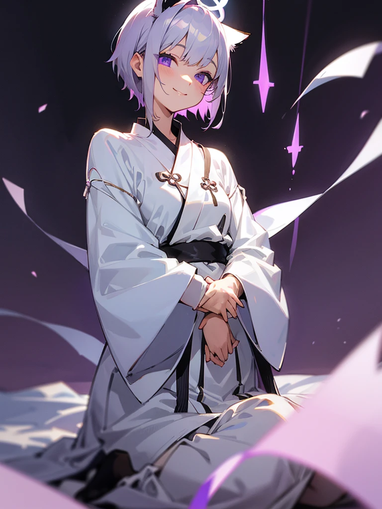 smiling purple eyes zazen silver short hair hands together girl cat white tunic halo
