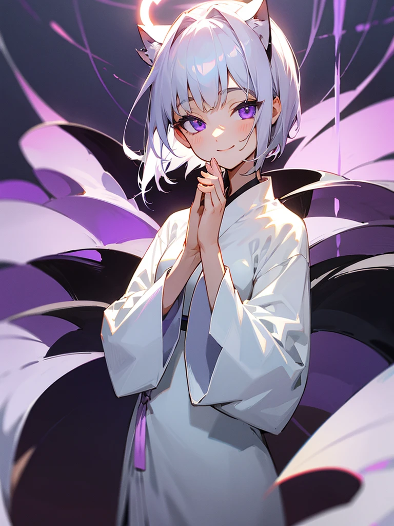 smiling purple eyes zazen silver short hair hands together girl cat white tunic halo