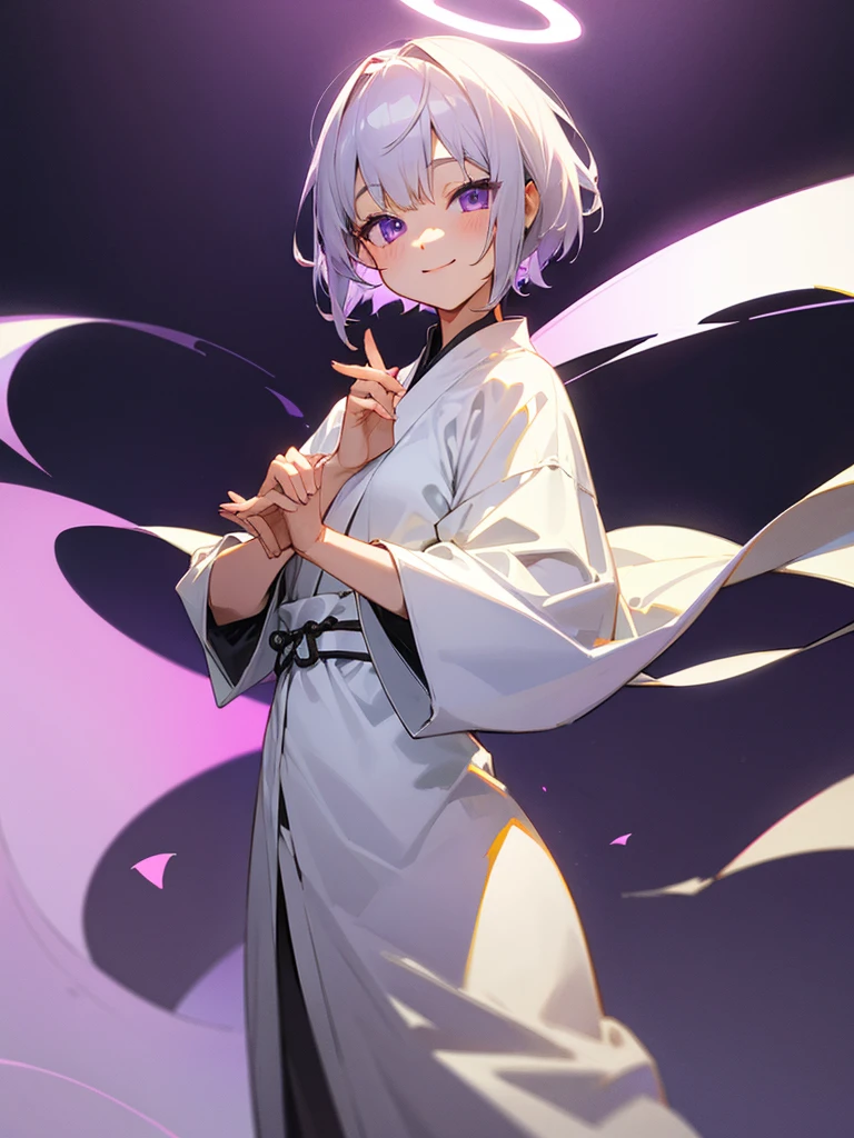 smiling purple eyes zazen silver short hair hands together girl cat white tunic halo