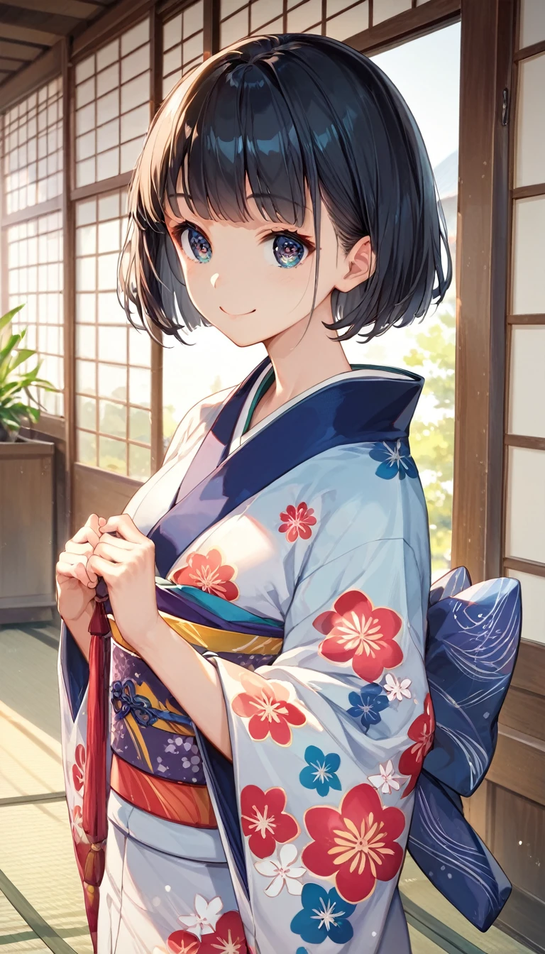 score_9, score_8_up, score_7_up,source_anime, high res image,masterpiece,best quality,girl,cute face,clear skin,shiny hair,ultra detailed eyes,Black Hair、Short Bob、Japan、(kimono、Gorgeous)、Japan庭園、Japanese style、Fantastic Light、smile
